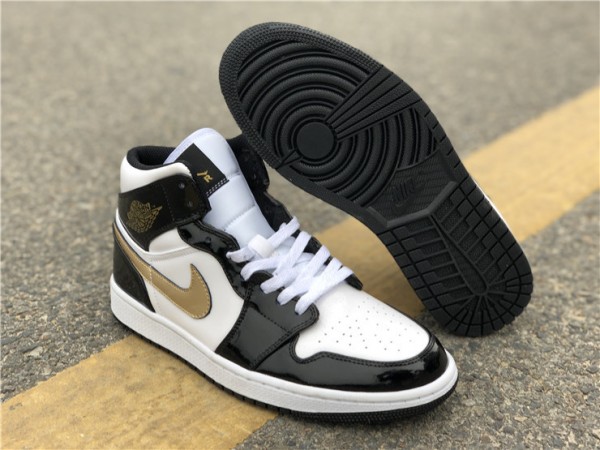 Jordan 1 Mid Patent Black White Gold