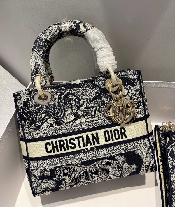 Medium Lady D-Lite Blue Toile De Jouy Reverse Embroidery