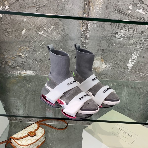 Balmain Suede and knit B-Bold sneakers with straps - Grey White BMSKB-006