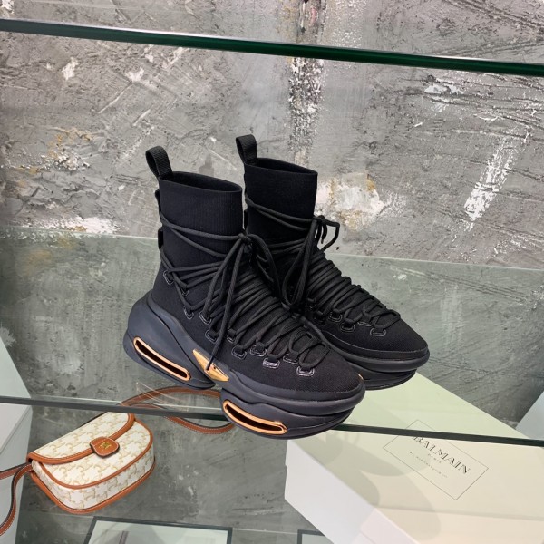 Balmain Knit and suede B-Bold high-top sneakers- Black BMSKB-002