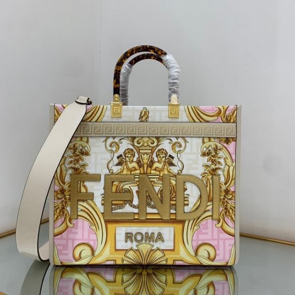 Fendi Sunshine Tote Fendace Printed white leather shopper