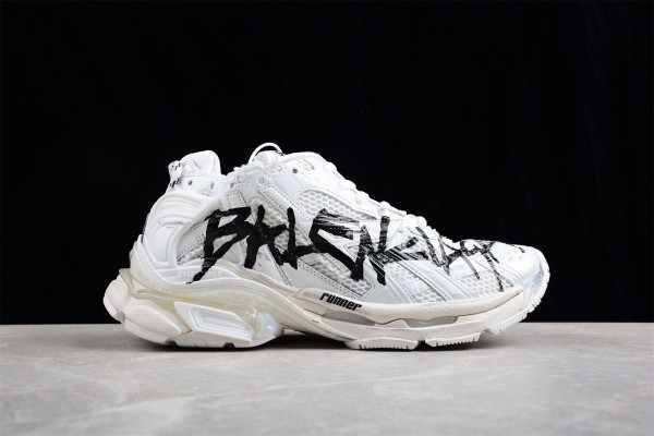 Balenciaga Runner Graffiti Trainers in white and black mesh and nylon