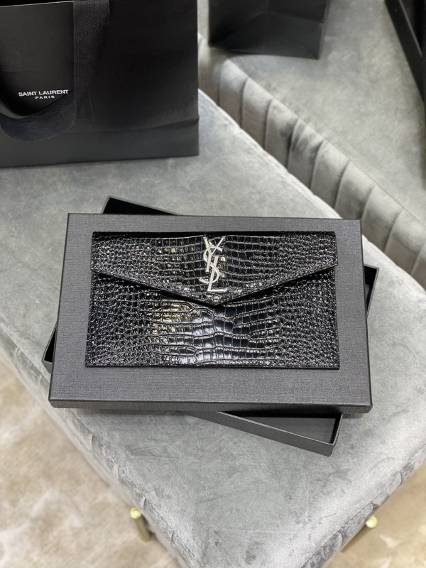 YSL Uptown Pouch In Crocodile Embossed Shiny Leather Silver Metal Logo Black