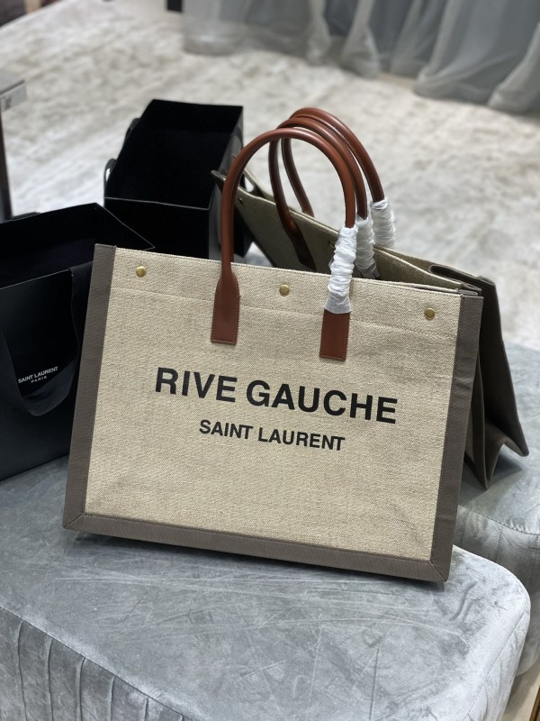 YSL Rive Gauche Large Tote Bag In Printed Canvas And Leather Beige/Grey