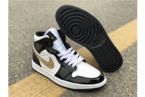 Jordan 1 Mid Patent Black White Gold