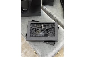 YSL Uptown Pouch In Crocodile Embossed Shiny Leather Silver Metal Logo Black