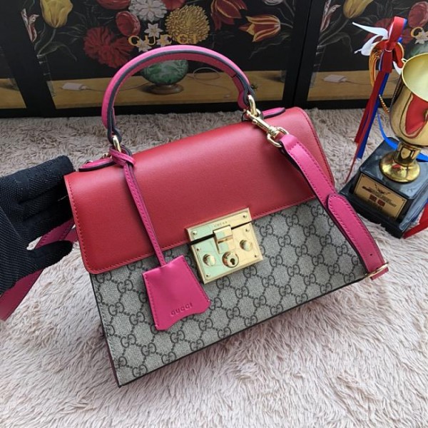Gucci Padlock Small Top Handle Bag GG Supreme Leather Red 453188
