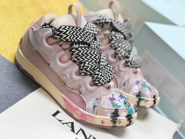 Lanvin Curb vintage sneakers with wide rainbow shoes lace Pink Painting