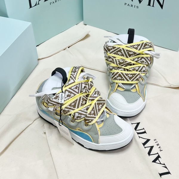 Lanvin Curb vintage sneakers with wide rainbow shoes lace White Gray 